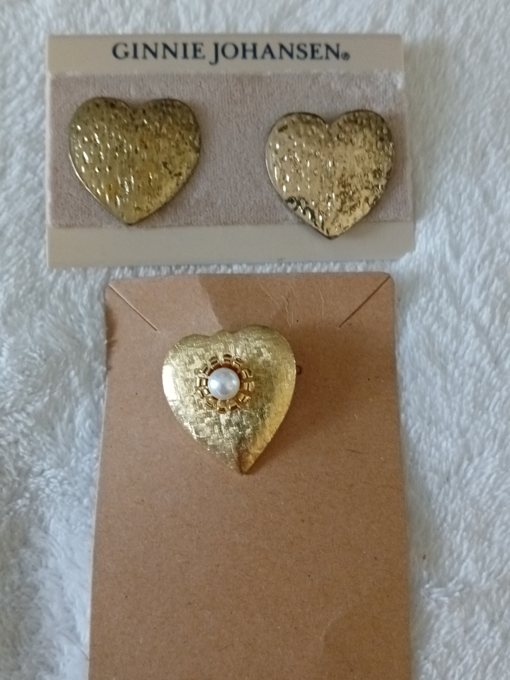 Ginnie Johansen Gold Heart Earrings & Matching VINTAGE Pearl Brooch Set